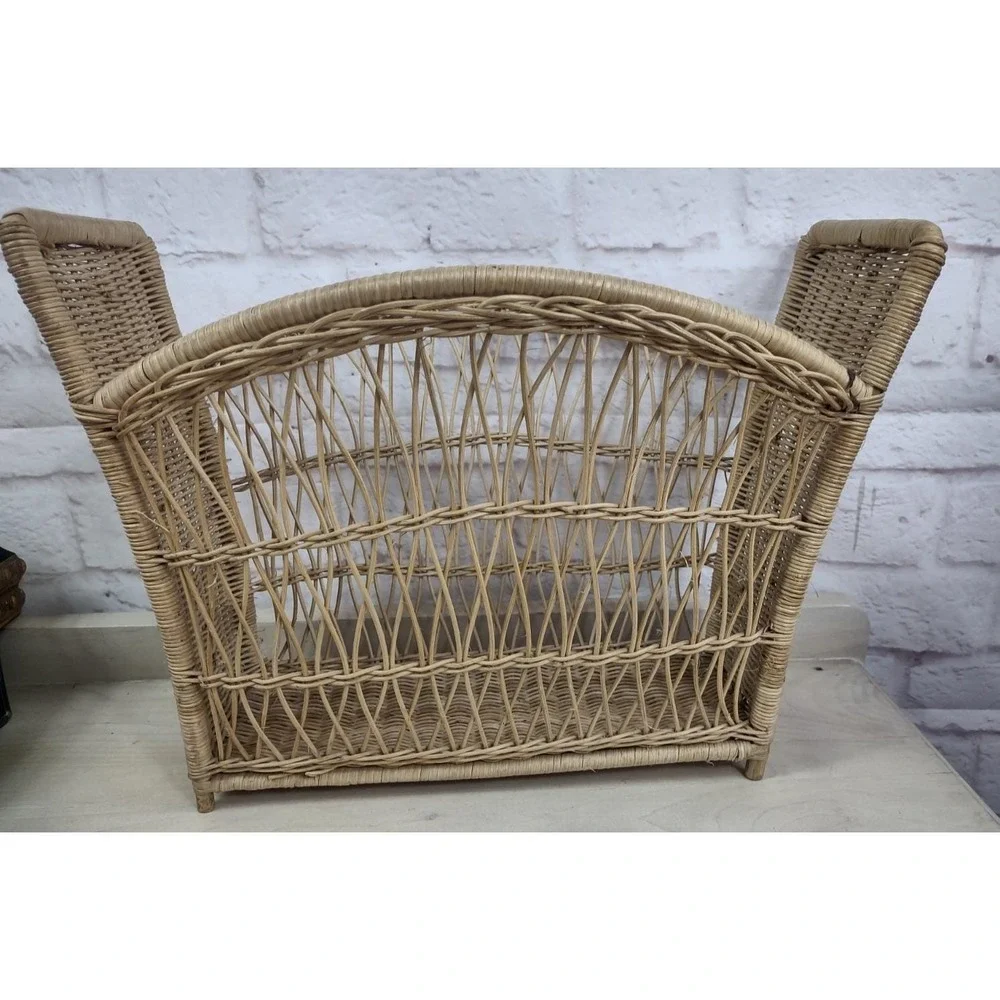 Vtg Wicker Woven Magazine Rack Arched Design Boho Retro Storage